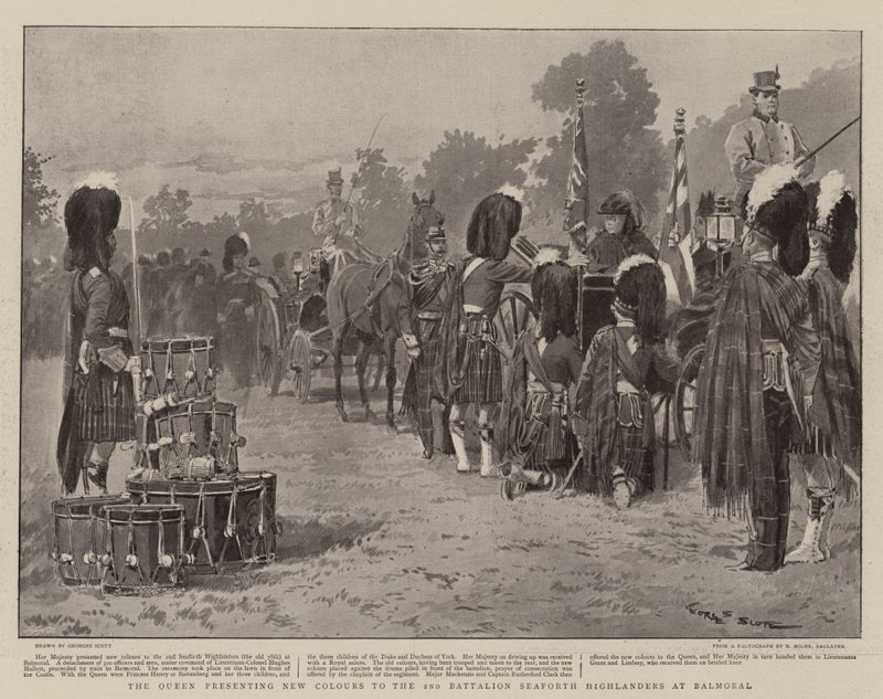 La Reina presentando nuevos colores al 2º Batallón de los Highlanders de Seaforth en Balmoral de Georges Bertin Scott