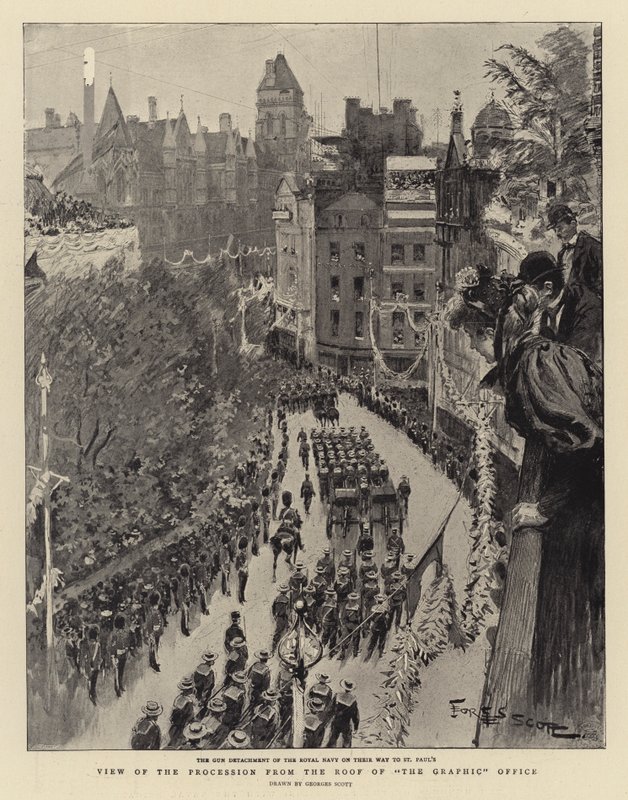 Vista de la procesión desde el techo de la oficina de The Graphic de Georges Bertin Scott