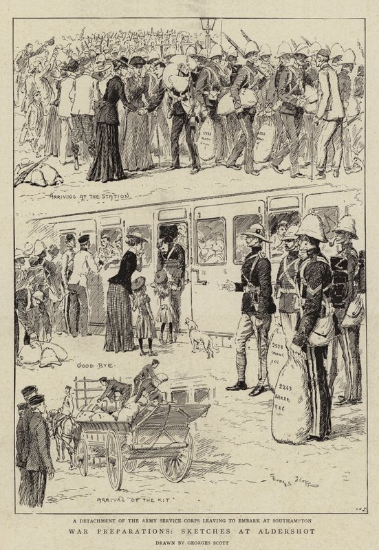 Preparativos de guerra, bocetos en Aldershot de Georges Bertin Scott