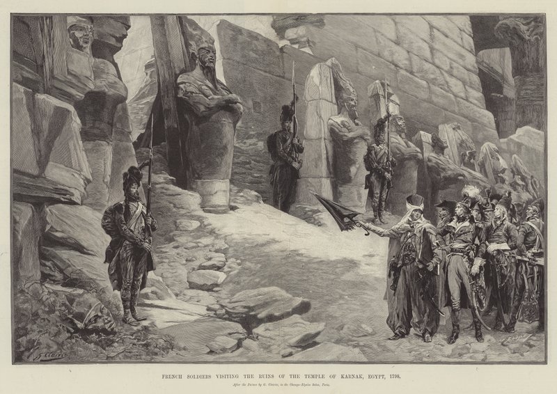 Soldados franceses visitando las ruinas del Templo de Karnak, Egipto, 1798 de Georges Clairin