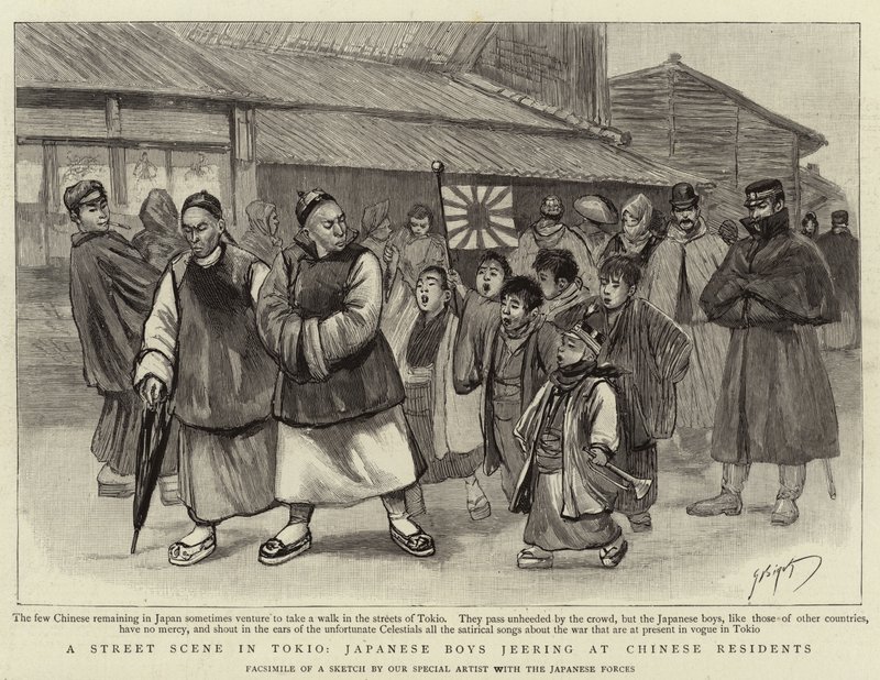 Escena de calle en Tokio, niños japoneses burlándose de residentes chinos de Georges Ferdinand Bigot