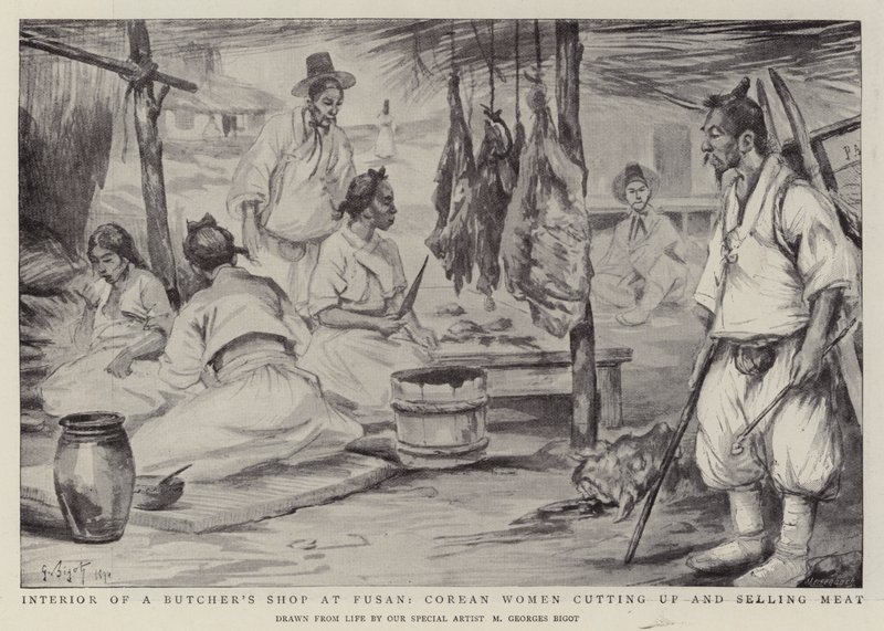 Interior de una Carnicería en Fusan, Mujeres Coreanas cortando y vendiendo Carne de Georges Ferdinand Bigot