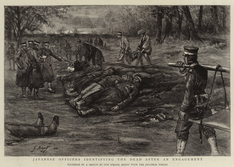 Oficiales japoneses identificando a los muertos después de un enfrentamiento de Georges Ferdinand Bigot