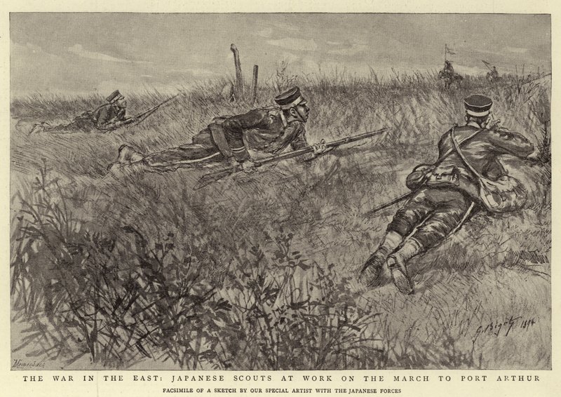 La guerra en el Este, exploradores japoneses en marcha hacia Port Arthur de Georges Ferdinand Bigot