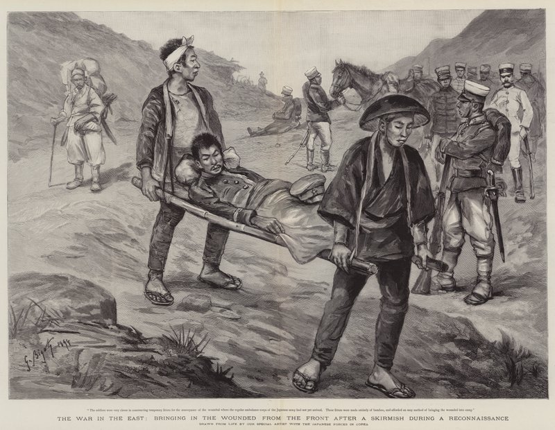 La Guerra en el Este, trayendo a los Heridos del Frente después de una Escaramuza durante un Reconocimiento de Georges Ferdinand Bigot