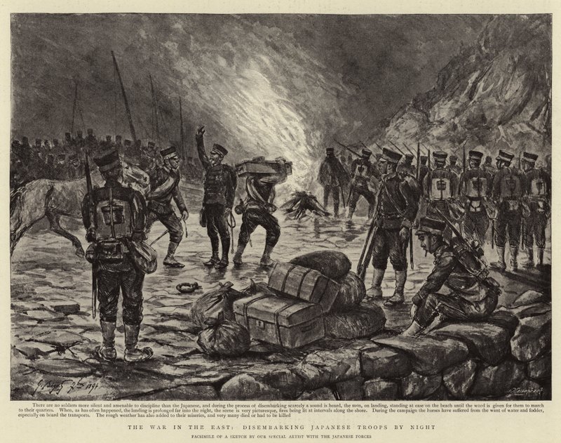 La guerra en el este, desembarco de tropas japonesas por la noche de Georges Ferdinand Bigot