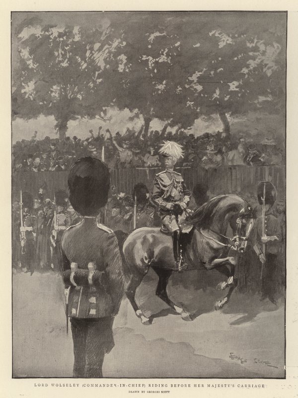 Lord Wolseley (Comandante en Jefe) cabalgando frente al carruaje de Su Majestad de Georges Bertin Scott