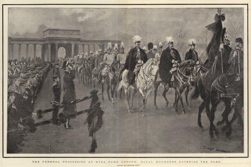 El cortejo fúnebre en Hyde Park Corner, dolientes reales entrando al parque de Georges Bertin Scott