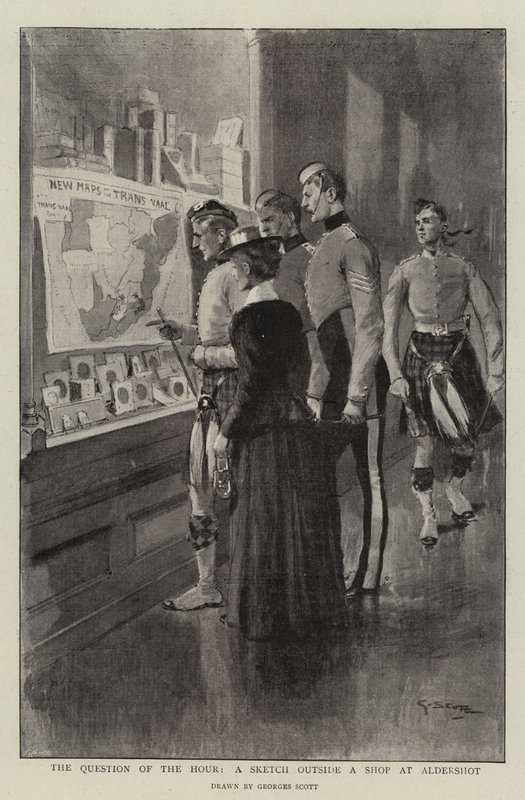 La cuestión de la hora, un boceto fuera de una tienda en Aldershot de Georges Bertin Scott