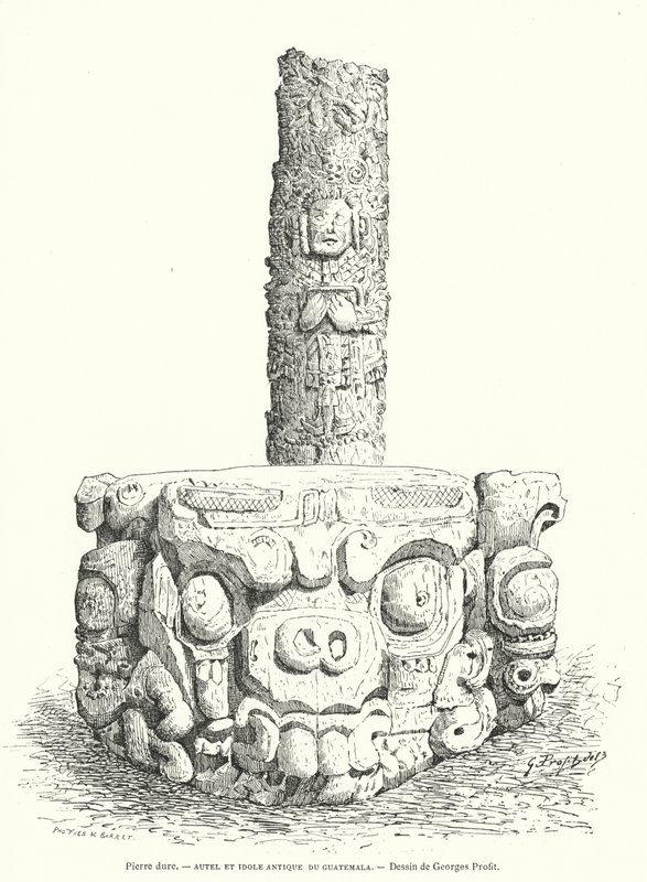 Altar de piedra tallada maya e ídolo de Guatemala (grabado) de Georges Ernest Profit