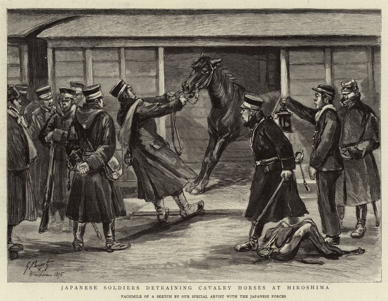 Soldados japoneses descargando caballos de caballería en Hiroshima de Georges Ferdinand Bigot