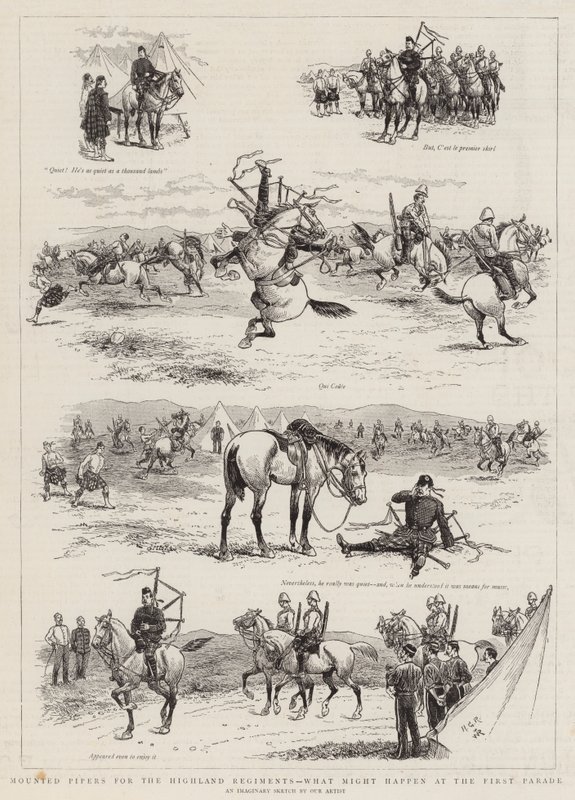 Gaiteros montados para los regimientos de las Tierras Altas, lo que podría suceder en el primer desfile de Georges Ferdinand Bigot