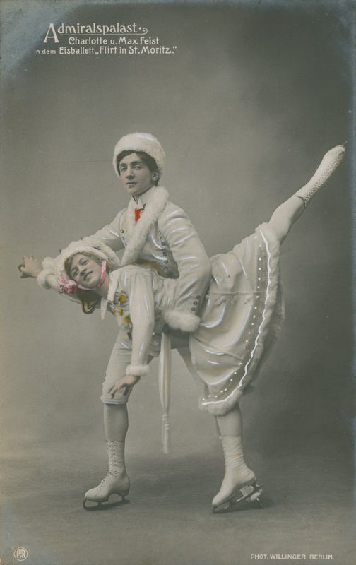 Postal de patinadores sobre hielo, enviada en 1913 (foto coloreada a mano) de German Photographer