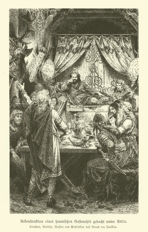 Un banquete huno en la época de Atila (grabado) de German School