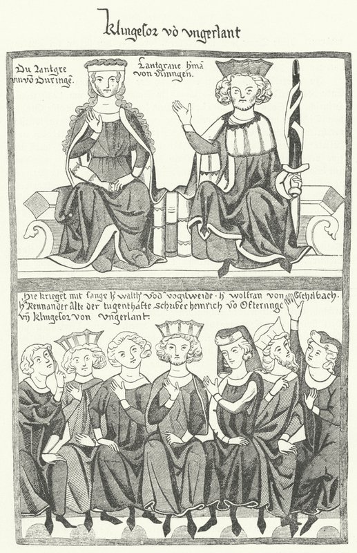 Una representación del Sangerkrieg, un concurso entre juglares en el castillo de Wartburg en Turingia en 1207, del Codex Manesse de German School