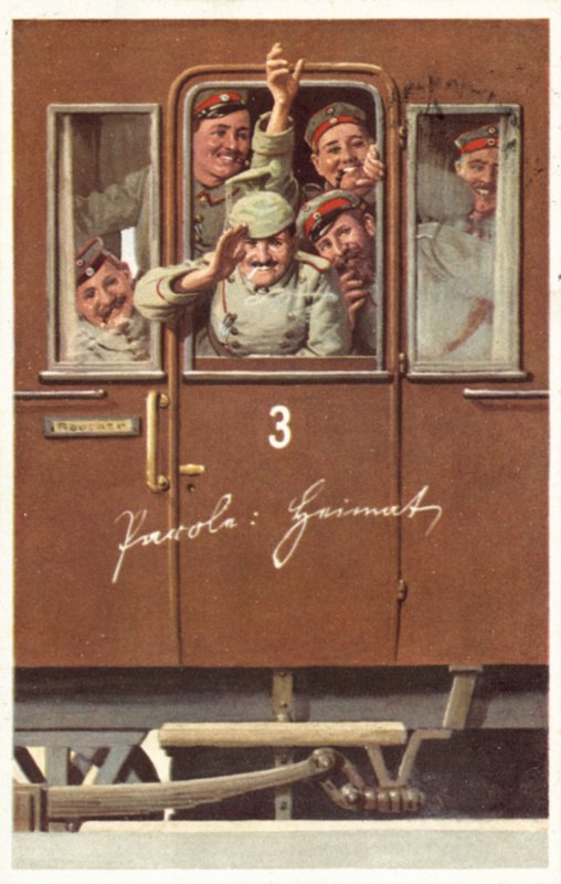 Un grupo de soldados alemanes de la Primera Guerra Mundial saludando desde un vagón de tren de German School