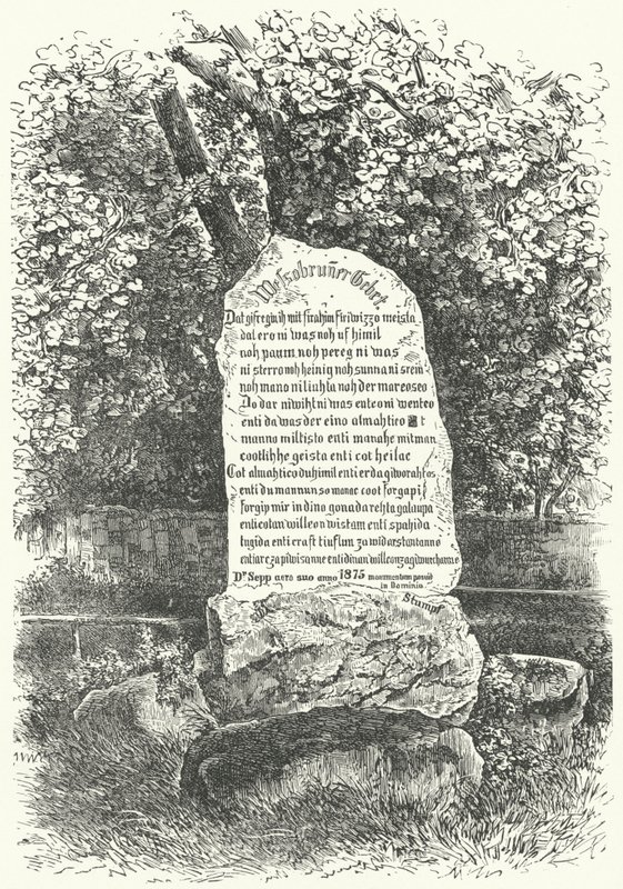 Una tableta de piedra que muestra La Oración de Wessobrunn de German School