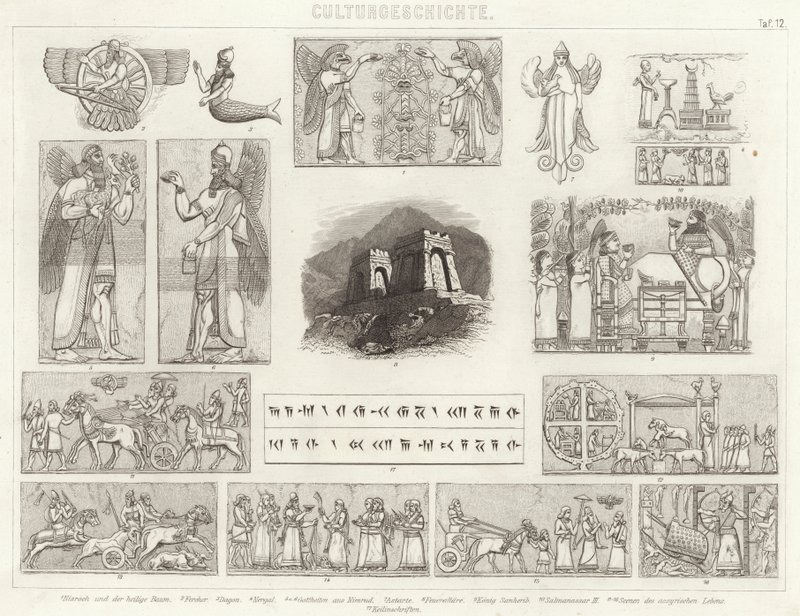 Asiria antigua. Ilustración para Bilder-Atlas (grabado) de German School