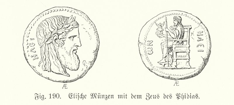 Monedas griegas antiguas de Elis con imágenes del Zeus de Fidias de German School