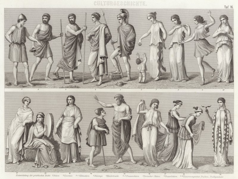 Trajes de la Antigua Grecia. Ilustración para Bilder-Atlas de German School