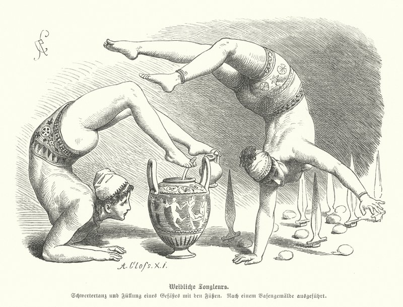 Acróbatas femeninas de la Antigua Grecia (grabado) de German School