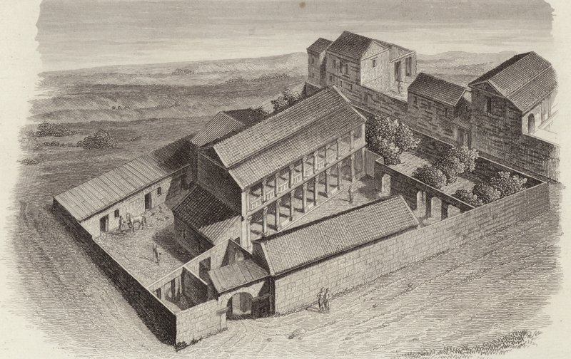 Casas griegas antiguas en Moudleja, Siria. Ilustración para Bilder-Atlas de German School