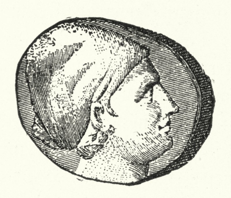 Moneda antigua mostrando la cabeza de la antigua poeta griega Safo de German School