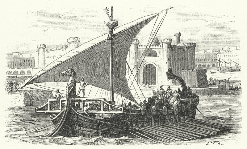 Llegada de un barco mercante fenicio a un puerto (grabado) de German School
