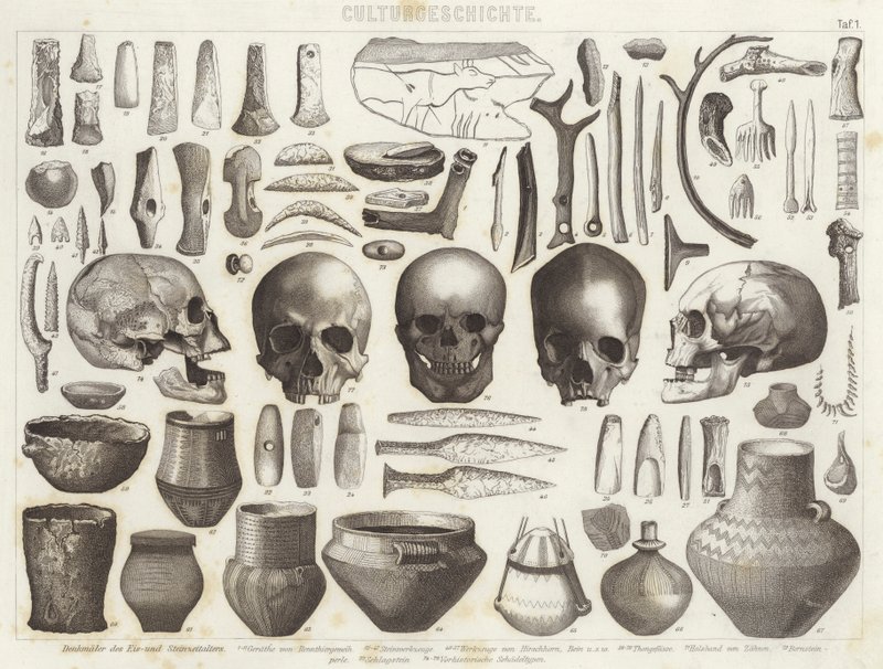 Artefactos de las edades de hielo y piedra. Ilustración para Bilder-Atlas de German School