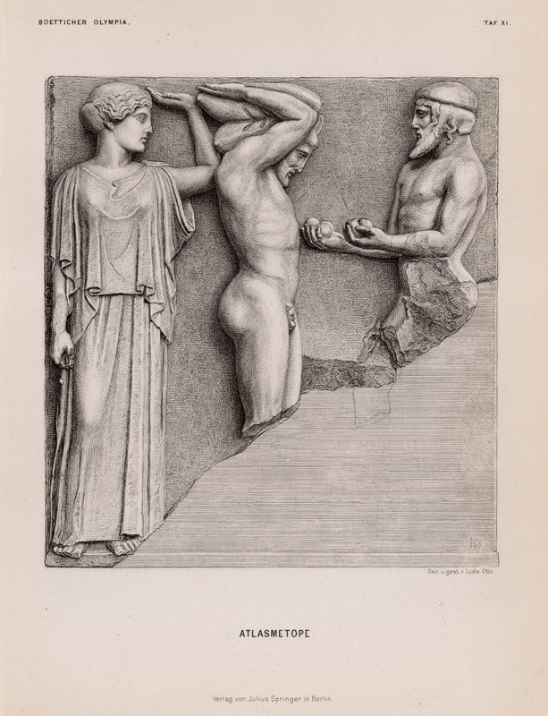 Atlas trayendo a Heracles las manzanas de las Hespérides en presencia de Atenea, metopa del Templo de Zeus, Olimpia, Grecia de German School