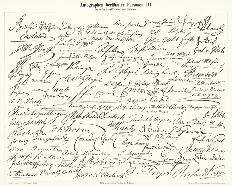 Autógrafos de personas famosas: escritores y científicos alemanes (grabado) de German School