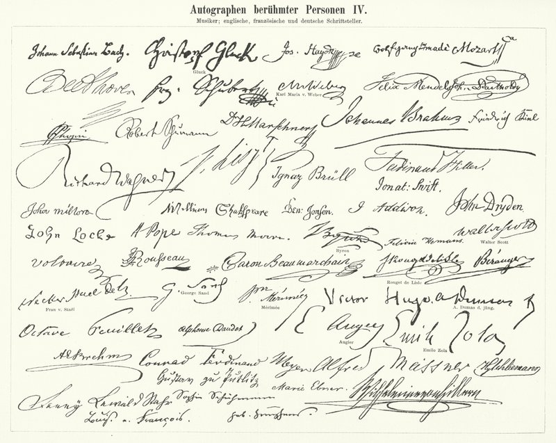 Autógrafos de personas famosas: compositores, músicos y escritores ingleses, franceses y alemanes (grabado) de German School