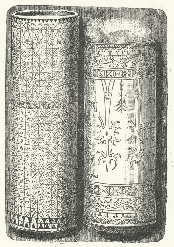 Cañas de bambú de Sumatra decoradas con escritura Rejang de German School