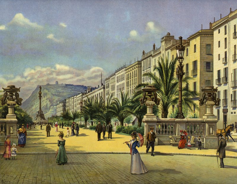 Barcelona, Paseo de Colón (cromolito) de German School