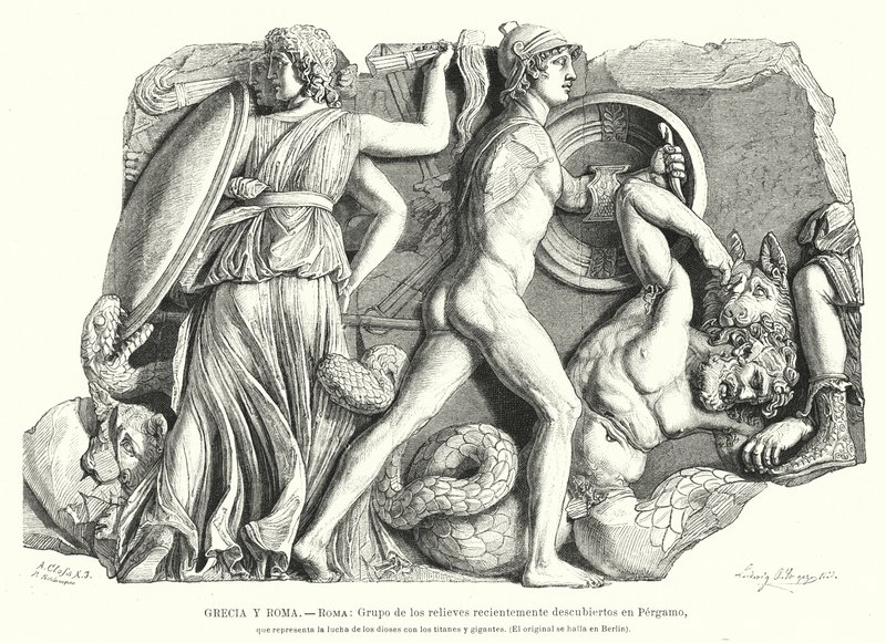 Batalla entre los dioses y titanes y gigantes, relieve griego antiguo de Pérgamo de German School