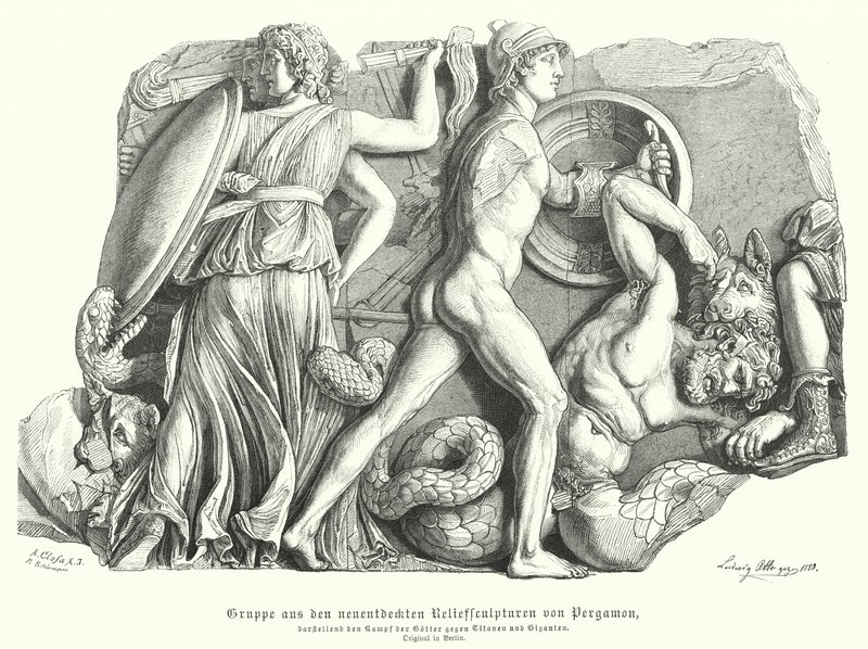 Batalla entre los dioses y los titanes y gigantes, relieve griego antiguo de Pérgamo de German School