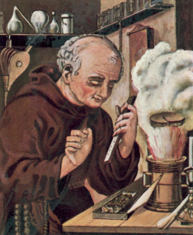 Berthold Schwarz, alquimista alemán (litografía en color) de German School