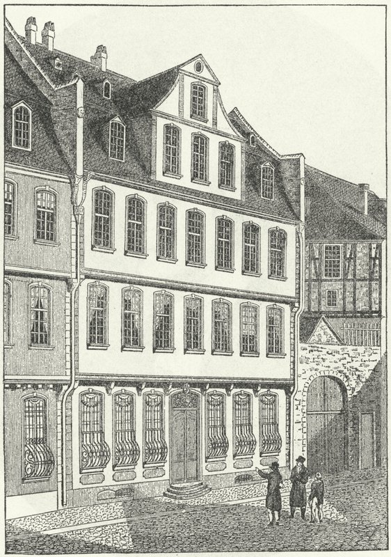 Lugar de nacimiento del escritor y estadista alemán Johann Wolfgang von Goethe, Fráncfort, Alemania (grabado) de German School