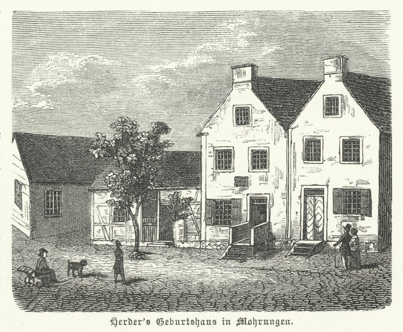Lugar de nacimiento del autor, filósofo y teólogo luterano alemán Johann Gottfried von Herder, Mohrungen (grabado) de German School