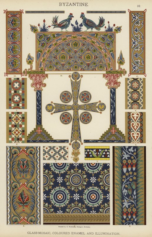 Bizantino, mosaico de vidrio, esmalte coloreado e iluminación de German School