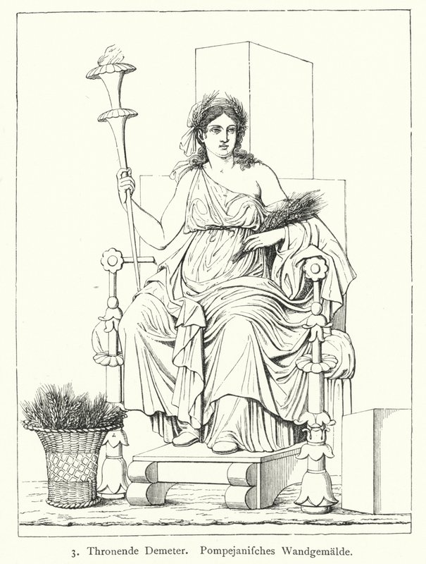 Ceres, diosa romana de la cosecha, entronizada, pintura mural de Pompeya (grabado) de German School