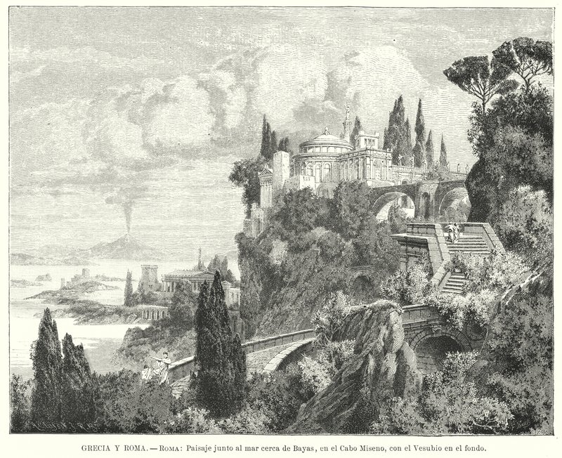 Línea costera de la Bahía de Nápoles desde la antigua ciudad romana de Baiae, Cabo Miseno, con el Vesubio en la distancia de German School