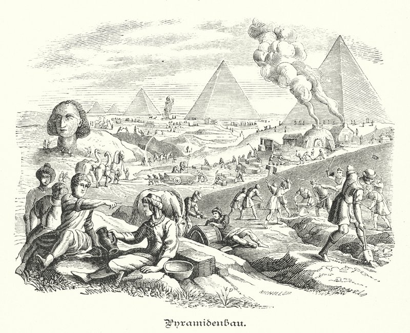 Construcción de las Pirámides, antiguo Egipto (grabado) de German School