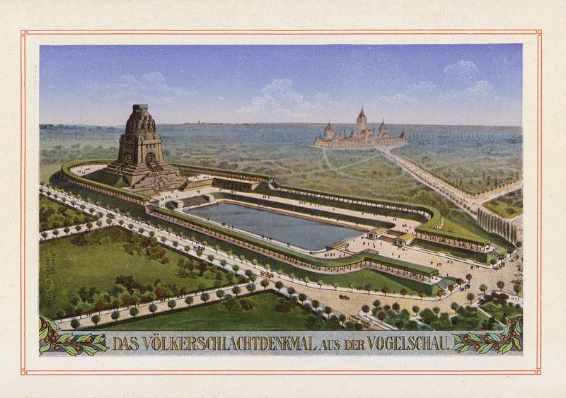 Vista aérea del Volkerschlachtdenkmal (litografía en color) de German School