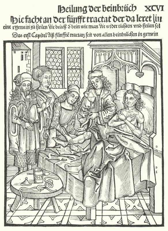 Doctores atendiendo a un hombre con una pierna rota de German School