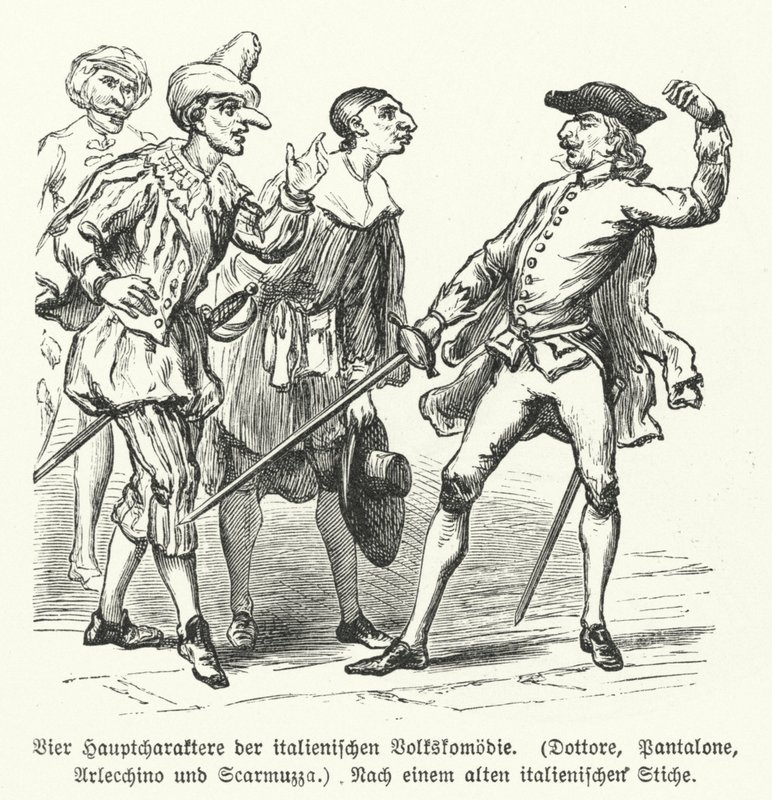 Dottore, Pantalone, Arlecchino y Scaramuccia, cuatro personajes de la Commedia dell