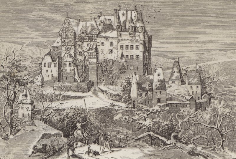 Castillo de Eltz, en las colinas sobre el río Mosela, Alemania, como se veía a finales del siglo XVI de German School