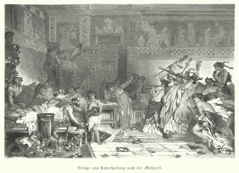 Entretenimiento después de la comida en un banquete romano (grabado) de German School