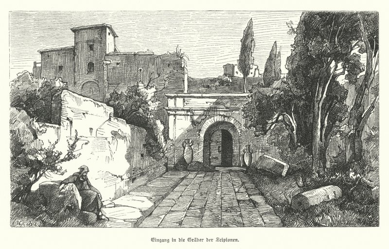 Entrada a la Tumba de los Escipiones, Roma (grabado) de German School