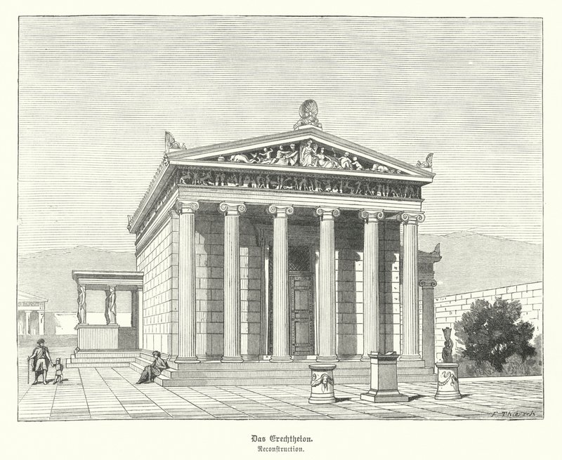 Erecteión, templo dedicado a Atenea y Poseidón en la Acrópolis, Atenas, Antigua Grecia (grabado) de German School
